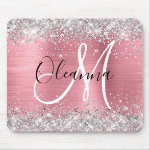 Modern Pink Ombre Foil Silver Glitter Monogram Mouse Pad