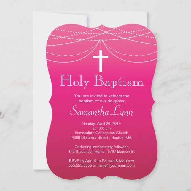 Modern Pink Ombre Garland Cross Holy Baptism Invitation (Front)