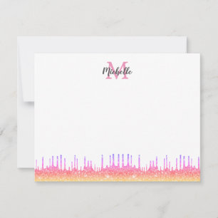 Modern Pink Ombre Glitter Drips Script Monogrammed Card