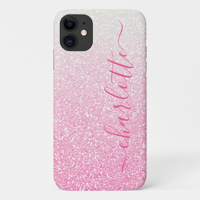 Modern Pink Ombre Glitter Girly Chic Personalized Case-Mate iPhone Case (Back)