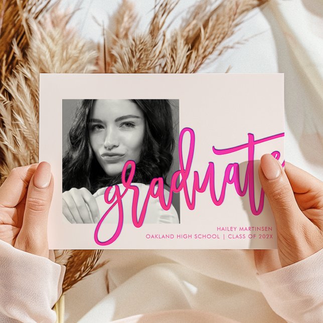 Modern Pink Ombre Typography Photo Grad Party Invitation (Creator Uploaded)