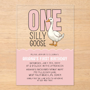 Modern Pink One Silly Goose 1st Birthday Party Acrylic Invitations