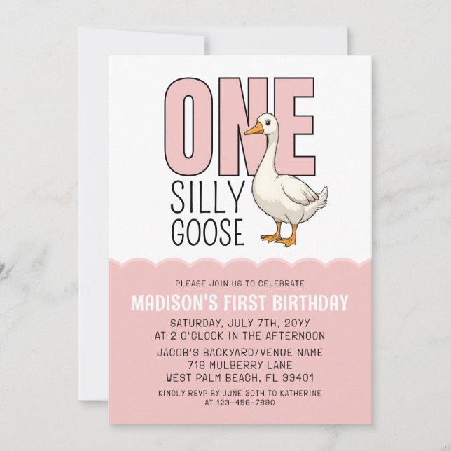 Modern Pink One Silly Goose 1st Birthday Party Invitation (Front)