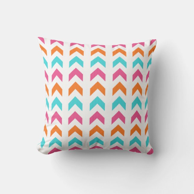 Modern Pink, Orange, Aqua Geometric Arrow Pattern Cushion (Front)