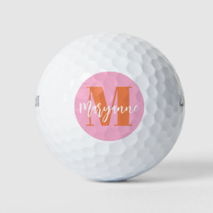 Modern Pink Orange BoId Initial Personalised Golf  Balls