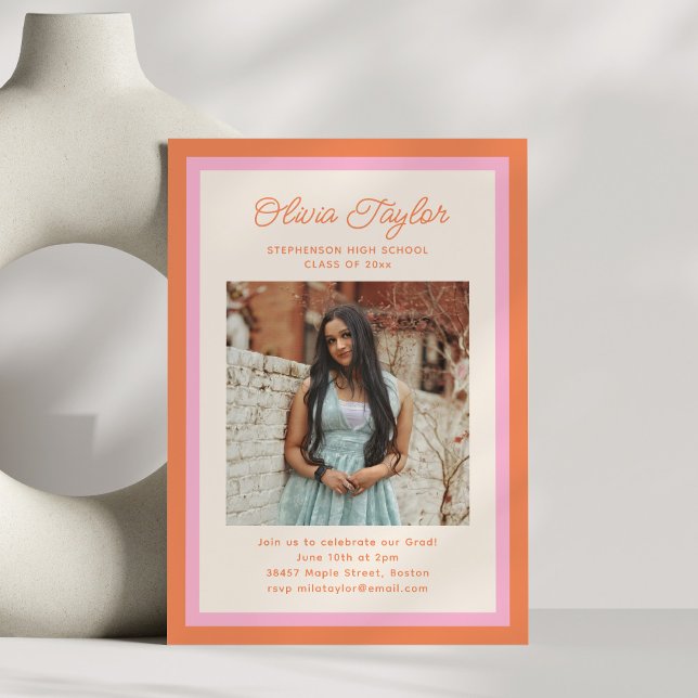 Modern Pink Orange Border Photo Graduation Party Invitation (Creator Uploaded)