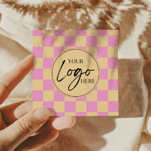 Modern Pink Orange Chequered Custom Company Logo Square Business Card