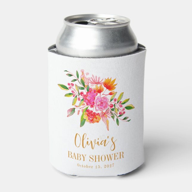 Modern Pink Orange Floral Baby Shower Custom Can Cooler (Can Front)