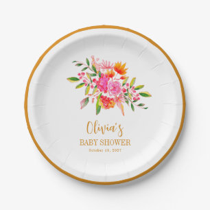 Modern Pink Orange Floral Baby Shower Custom Paper Plate