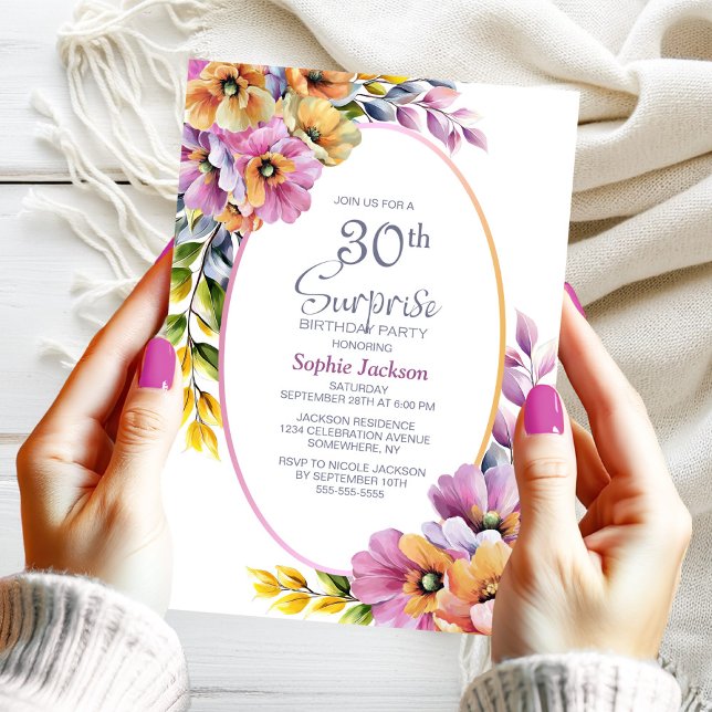 Modern Pink Orange Floral Surprise 30th Birthday Invitation (Creator Uploaded)