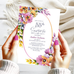 Modern Pink Orange Floral Surprise 55th Birthday Invitation