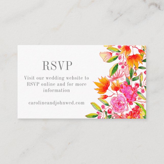 Modern Pink Orange Floral Wedding RSVP QR Code Enclosure Card (Front)