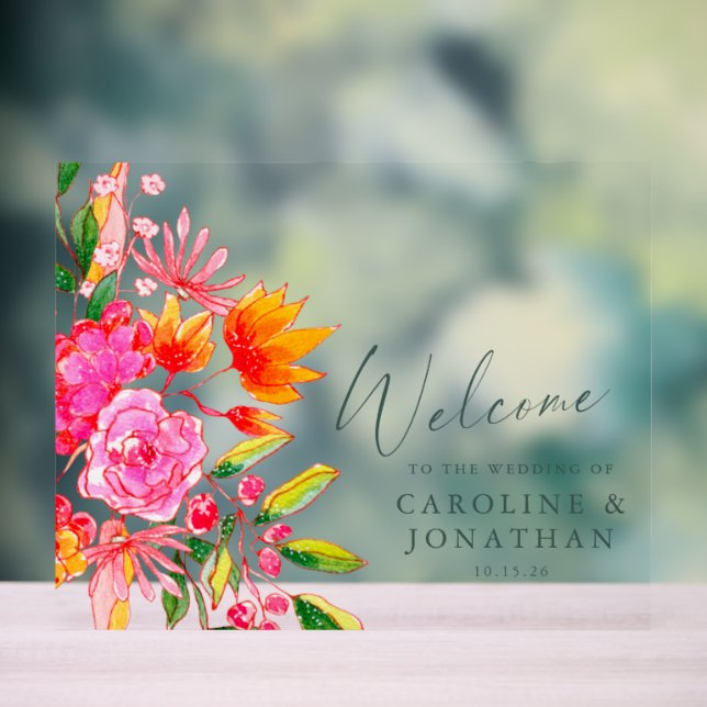 Modern Pink Orange Floral Wedding Welcome Acrylic Sign (Neutral)