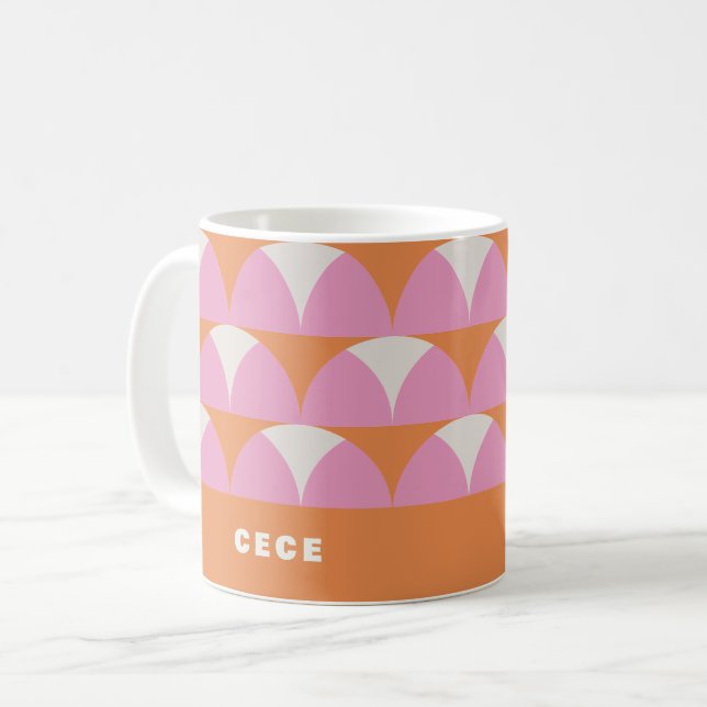 Modern pink orange geometric retro personalised coffee mug (Front Left)