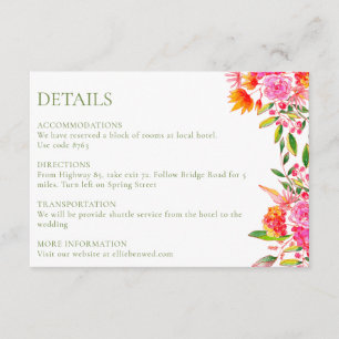 Modern Pink Orange Green Flower Wedding Details Enclosure Card
