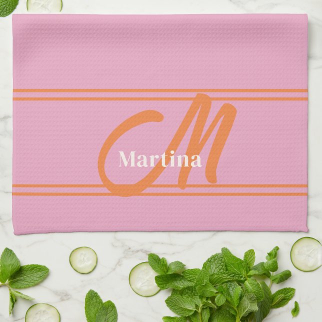 Modern Pink Orange Monogram Initial Tea Towel (Folded)