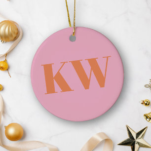 Modern Pink Orange Monogram Initials Personalised Ceramic Tree Decoration