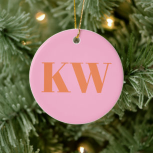 Modern Pink Orange Monogram Initials Personalised Ceramic Tree Decoration
