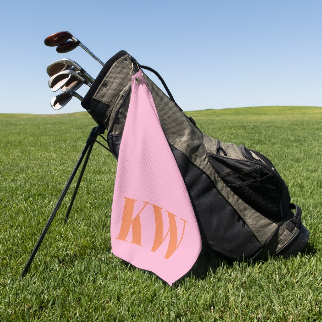 Modern Pink Orange Monogram Initials Personalised Golf Towel (Green)