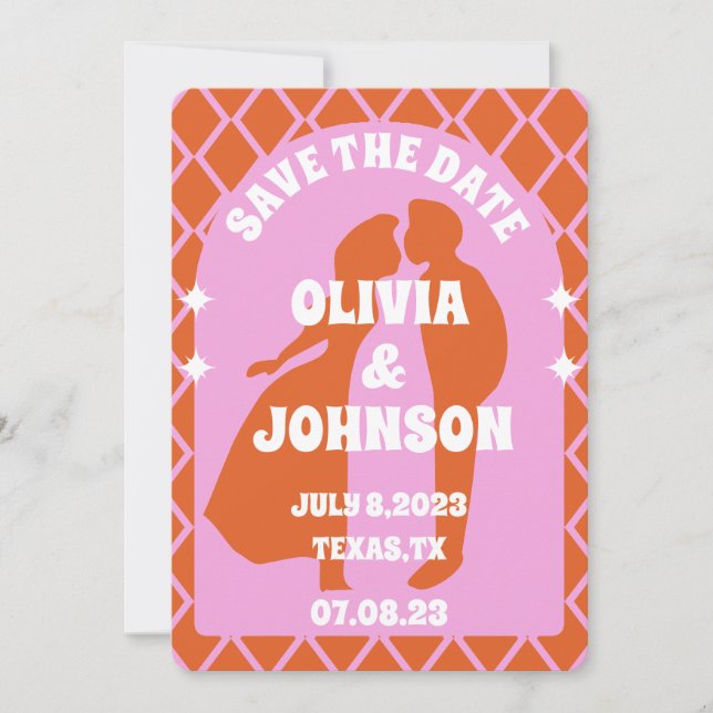 Modern Pink Orange Retro Boho Arch Bold Date Save The Date (Front)