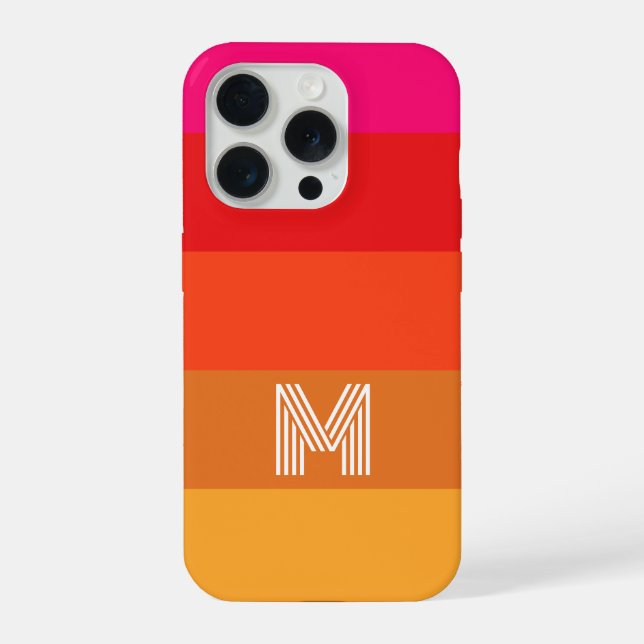 Modern Pink Orange Sunset Stripe, Custom Monogram iPhone Case (Back)