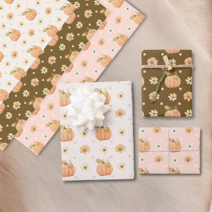 Modern Pink Orange Terracotta Pumpkin Floral Fall  Wrapping Paper Sheet