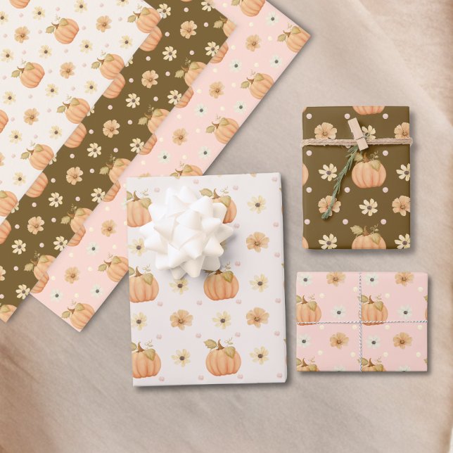 Modern Pink Orange Terracotta Pumpkin Floral Fall  Wrapping Paper Sheet (Creator Uploaded)