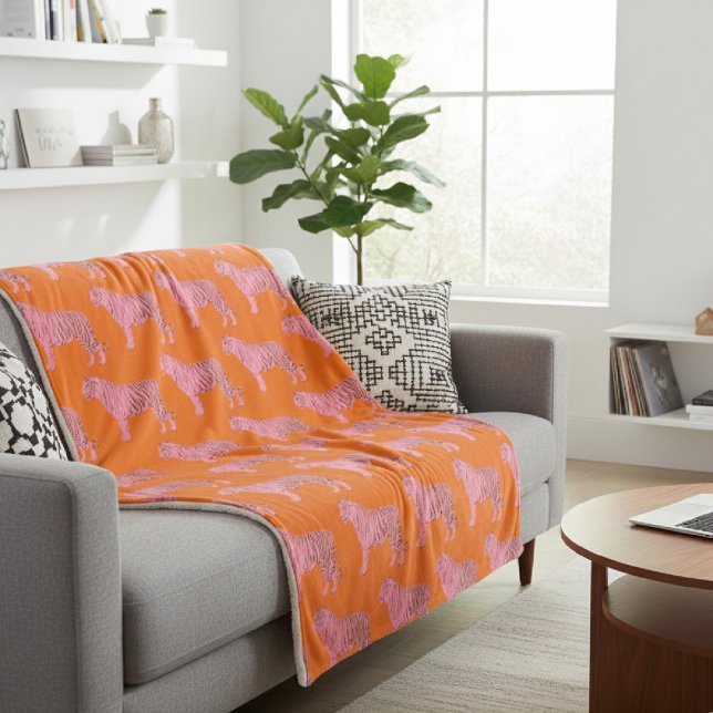 Modern Pink Orange Tiger Pattern Personalized Name Sherpa Blanket (Creator Uploaded)