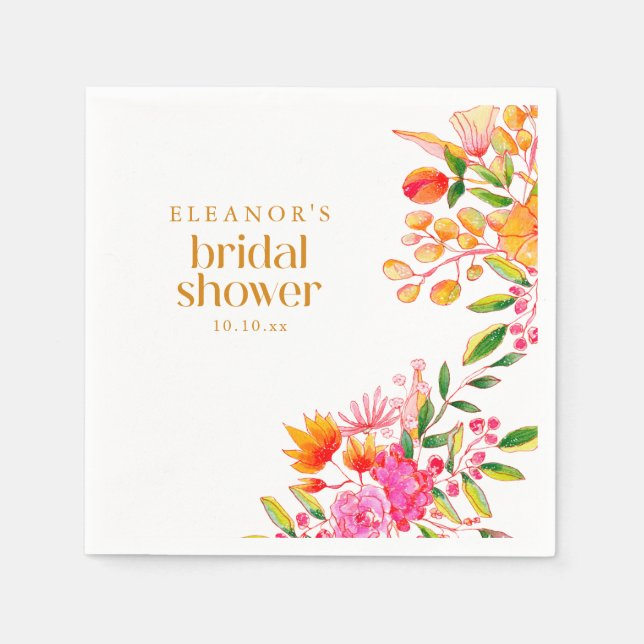 Modern Pink Orange Watercolor Flower Bridal Shower Napkin (Front)