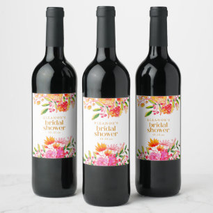 Modern Pink Orange Watercolor Flower Bridal Shower Wine Label