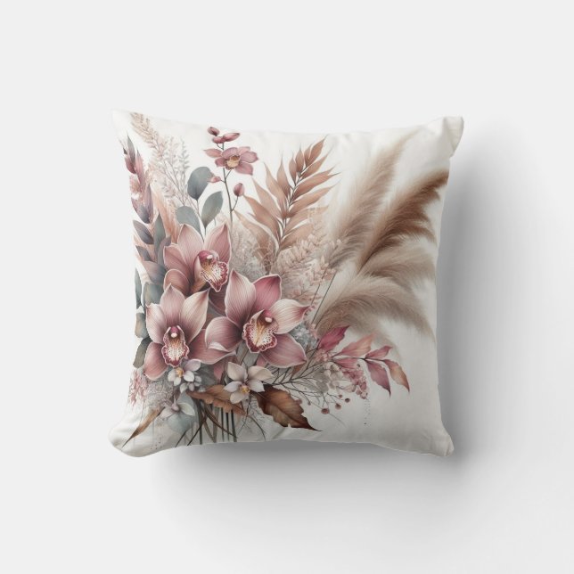 Modern pink orchid floral & tropical leaves  cushion (Front)