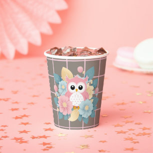 Modern Pink Owl Floral & Grid Baby Shower Paper Cups