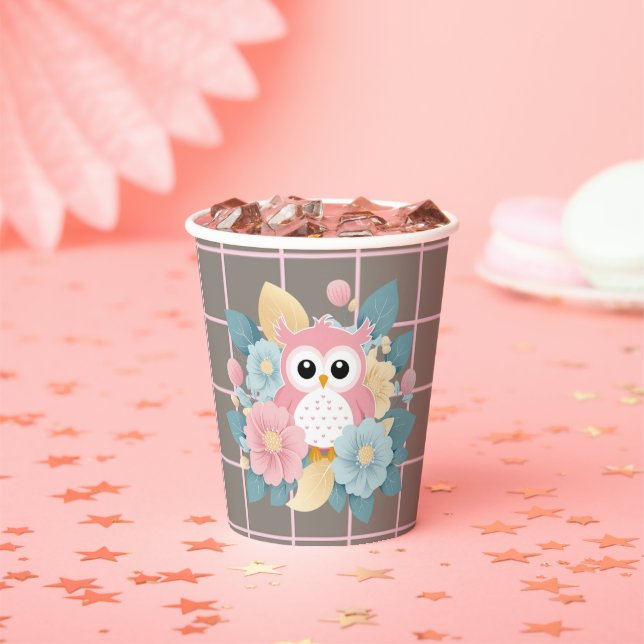 Modern Pink Owl Floral & Grid Baby Shower Paper Cups (Insitu)