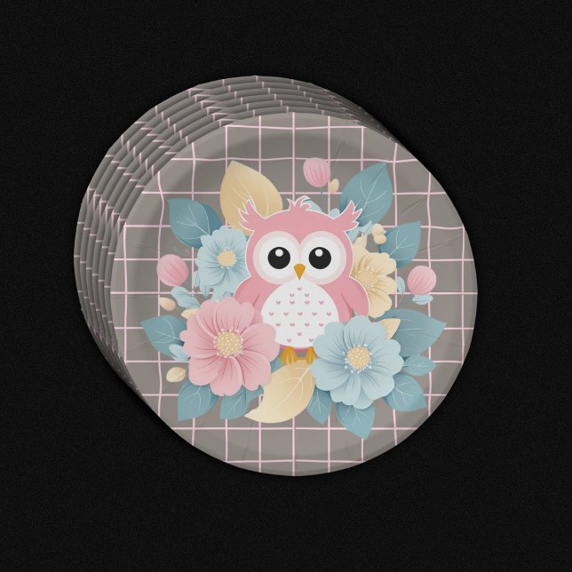 Modern Pink Owl Floral & Grid Baby Shower Paper Plate (Creator Uploaded)