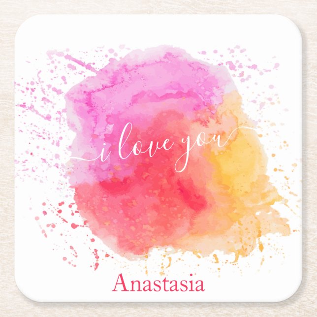 Modern Pink Paint Square Paper Coaster (Front)