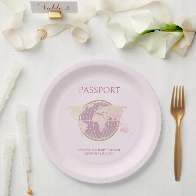 Modern Pink Passport-Themed Baby Shower Paper Plate (Wedding)