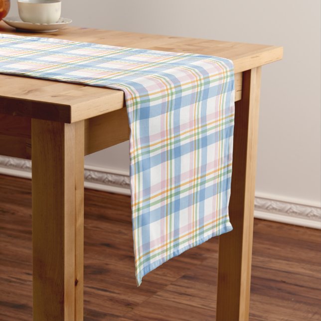 Modern Pink Pastel Gingham Check Christmas Short Table Runner (In Situ)