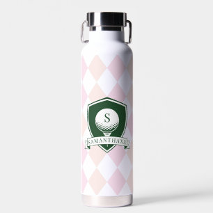 Modern Pink Pattern Green Golfer Name Monogram Water Bottle