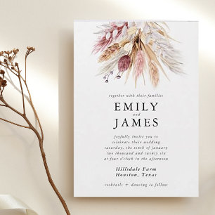 Modern Pink Peach Boho Pampas Bouquet Wedding Invitation