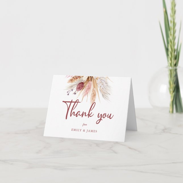 Modern Pink Peach Boho Pampas Bouquet Wedding Thank You Card (Front)
