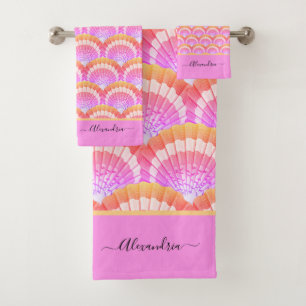 Modern Pink Peach Tropical Seashell Shell Beach Ba Bath Towel Set