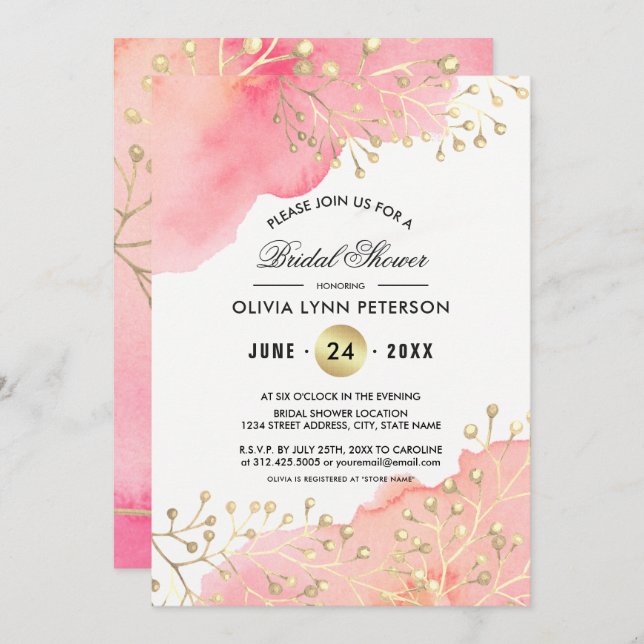 Modern Pink | Peach Watercolor Bridal Shower  Invitation (Front/Back)