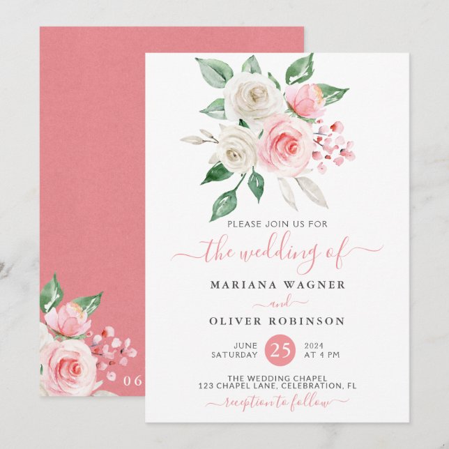Modern Pink Peach White Watercolor Floral Wedding Invitation (Front/Back)