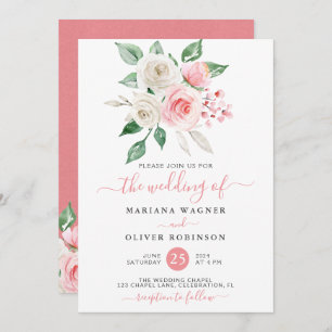 Modern Pink Peach White Watercolor Floral Wedding Invitation