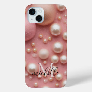 Modern Pink Pearl Glitter Custom Name Monogram iPhone 15 Mini Case
