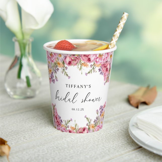 Modern Pink Peonies Floral Bridal Shower Paper Cups (Insitu)