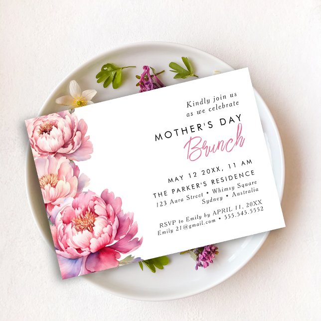 Modern pink Peonies floral mothers day brunch Invitation (Creator Uploaded)