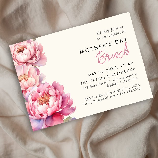 Modern pink Peonies floral mothers day brunch Invitation (Creator Uploaded)