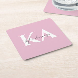 Modern Pink Personalised Monogram Name -  Square Paper Coaster
