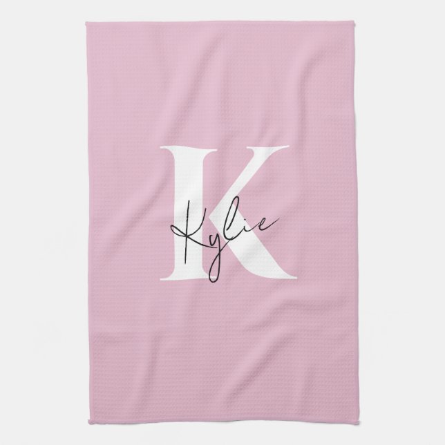 Modern Pink Personalised Monogram Name -  Tea Towel (Vertical)